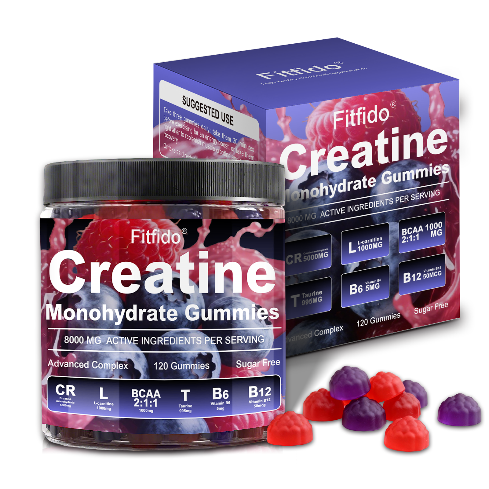 Creatine Monohydrate Gummies 8000mg – Build Muscle, Boost Energy, Faster Recovery | Sugar-Free & Vegan | Raspberry & Blackberry | 120 Count