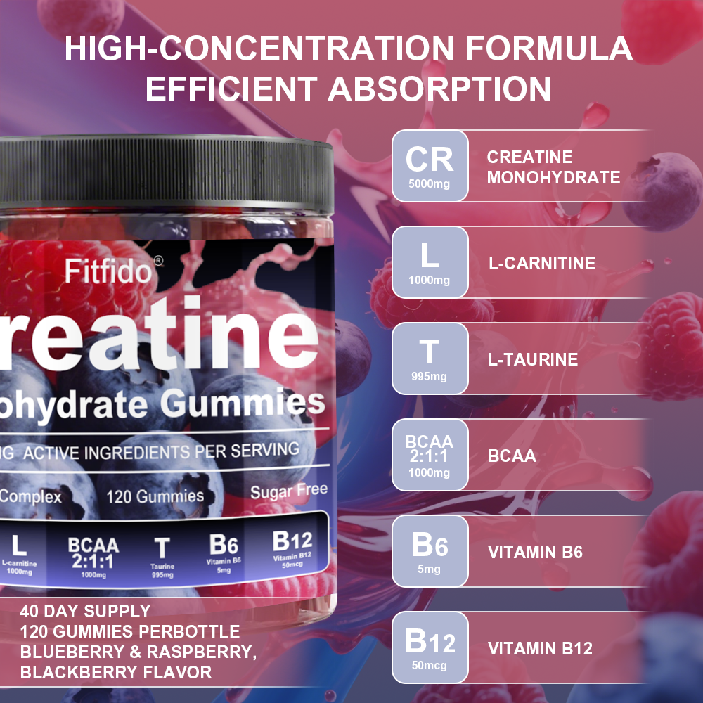 Creatine Monohydrate Gummies 8000mg – Build Muscle, Boost Energy, Faster Recovery | Sugar-Free & Vegan | Raspberry & Blackberry | 120 Count