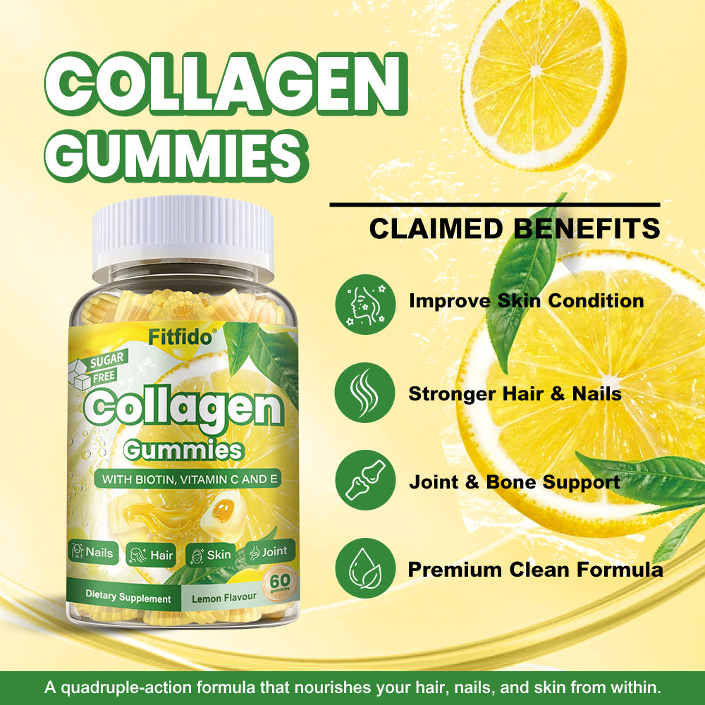 Collagen Gummies – Multi-Collagen Peptides, Vitamin C, Zinc & Biotin | Thick Hair, Strong Nails & Healthy Skin | Sugar-Free & Vegan | Lemon | 60 Count
