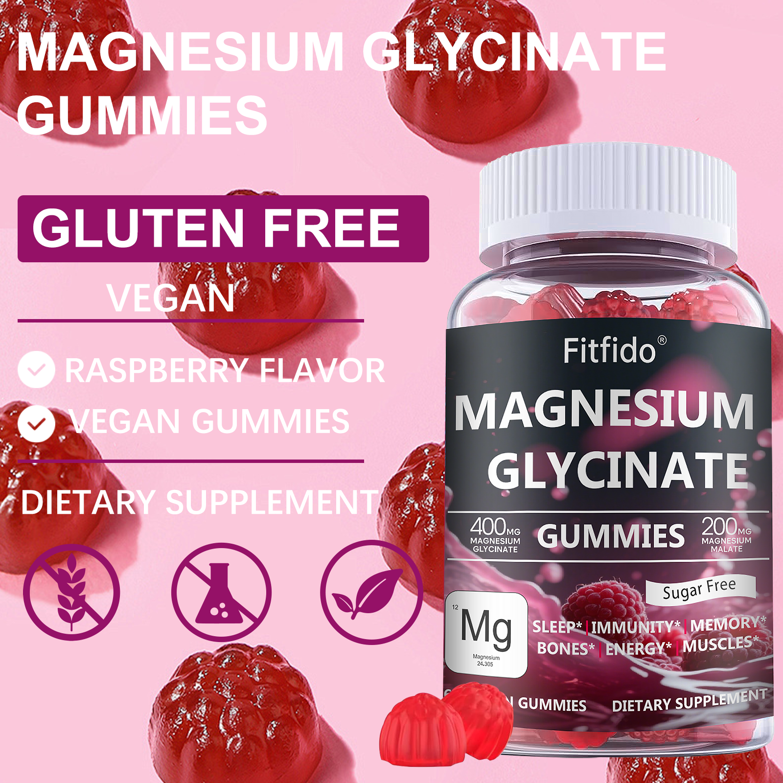 Magnesium Glycinate Gummies – 400mg | Sugar-Free | Vegan | Raspberry (60 Count)
