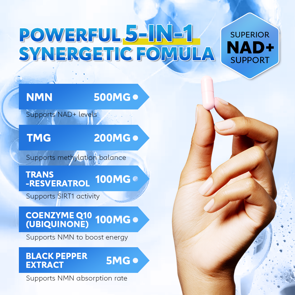 NMN 250mg – 5-in-1 NAD+ Complex | Resveratrol, TMG & CoQ10 | Anti-Aging Support | 60 Capsules