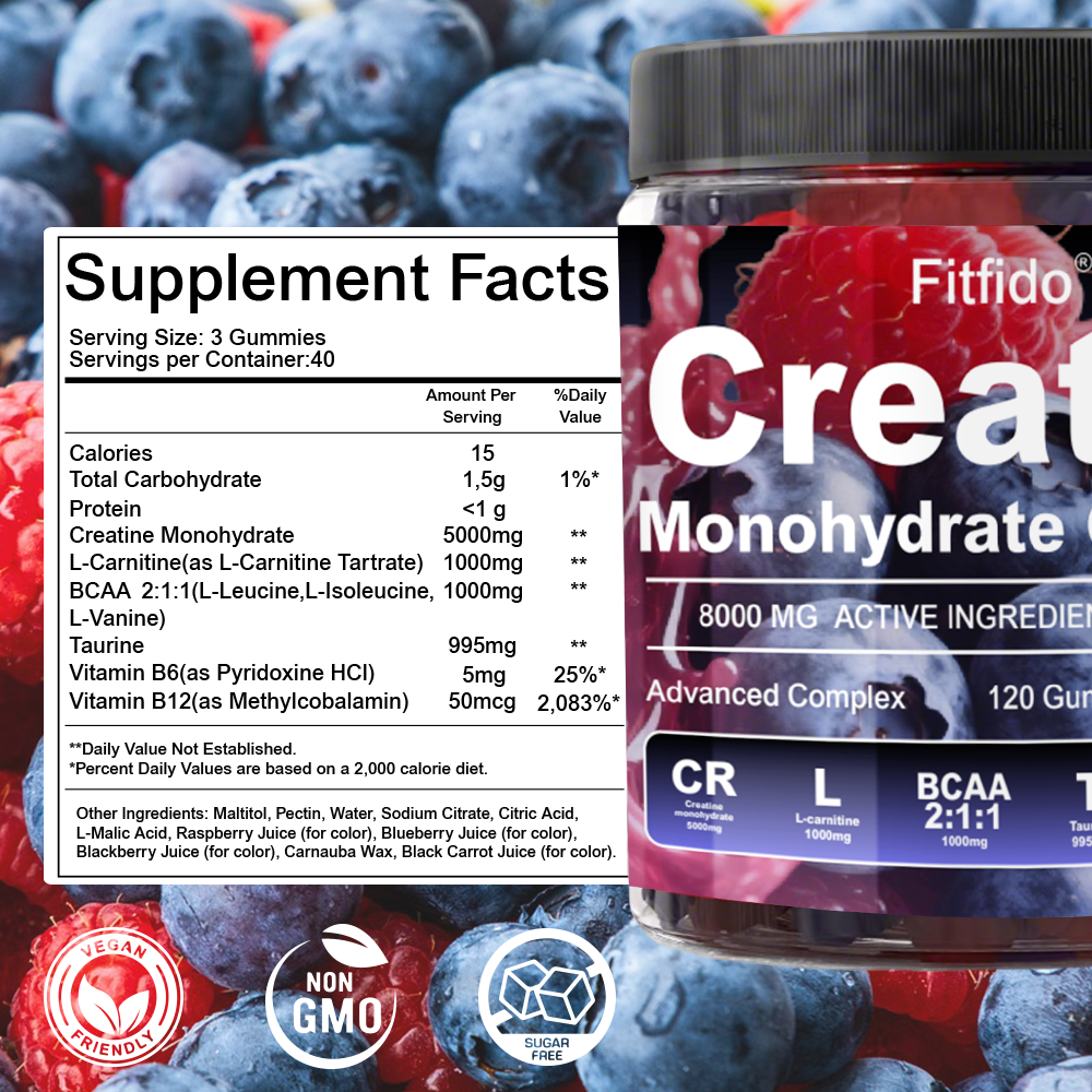 Creatine Monohydrate Gummies 8000mg – Build Muscle, Boost Energy, Faster Recovery | Sugar-Free & Vegan | Raspberry & Blackberry | 120 Count
