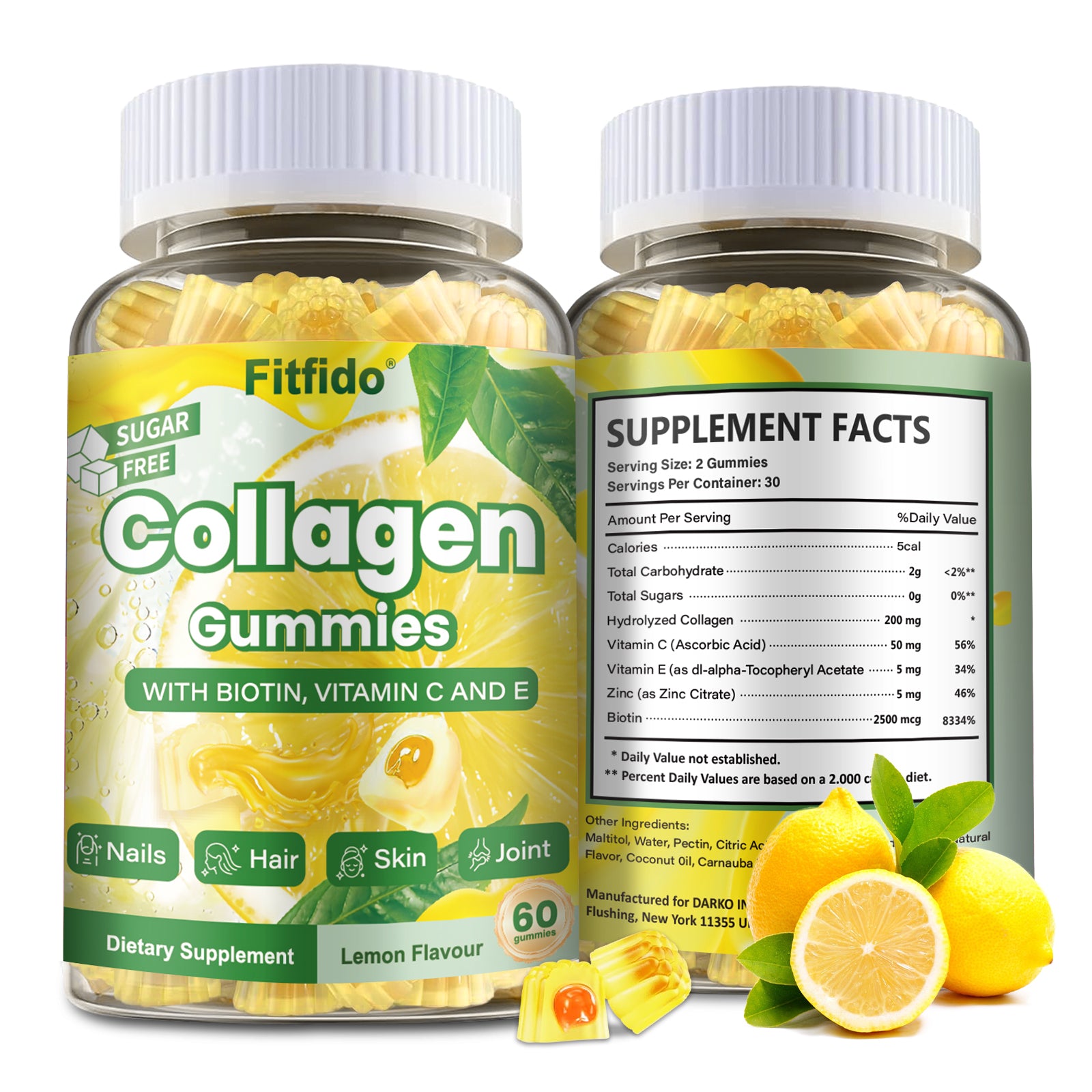 Collagen Gummies – Multi-Collagen Peptides, Vitamin C, Zinc & Biotin | Thick Hair, Strong Nails & Healthy Skin | Sugar-Free & Vegan | Lemon | 60 Count