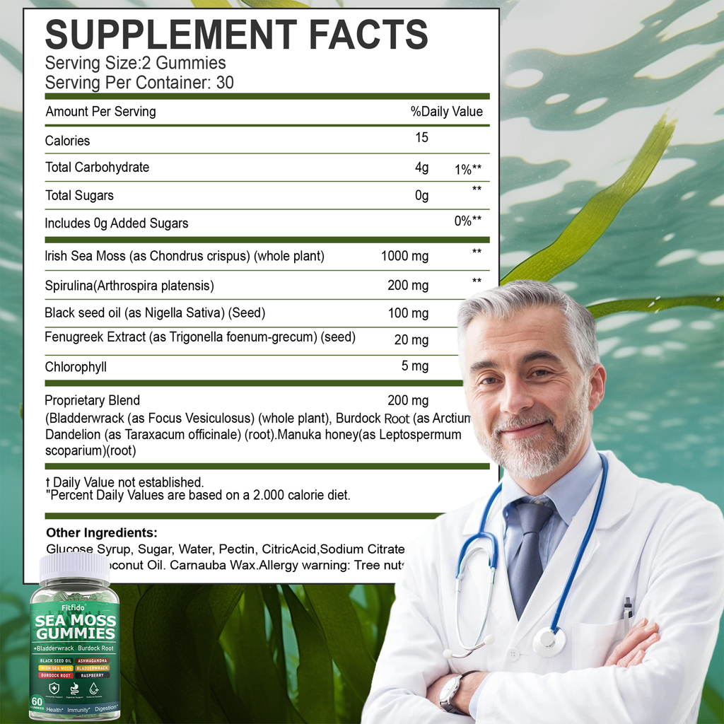 Irish Sea Moss 3000mg Gummies – with Manuka Honey | Immune, Thyroid & Detox Support | Sugar-Free & Vegan | 60 Count