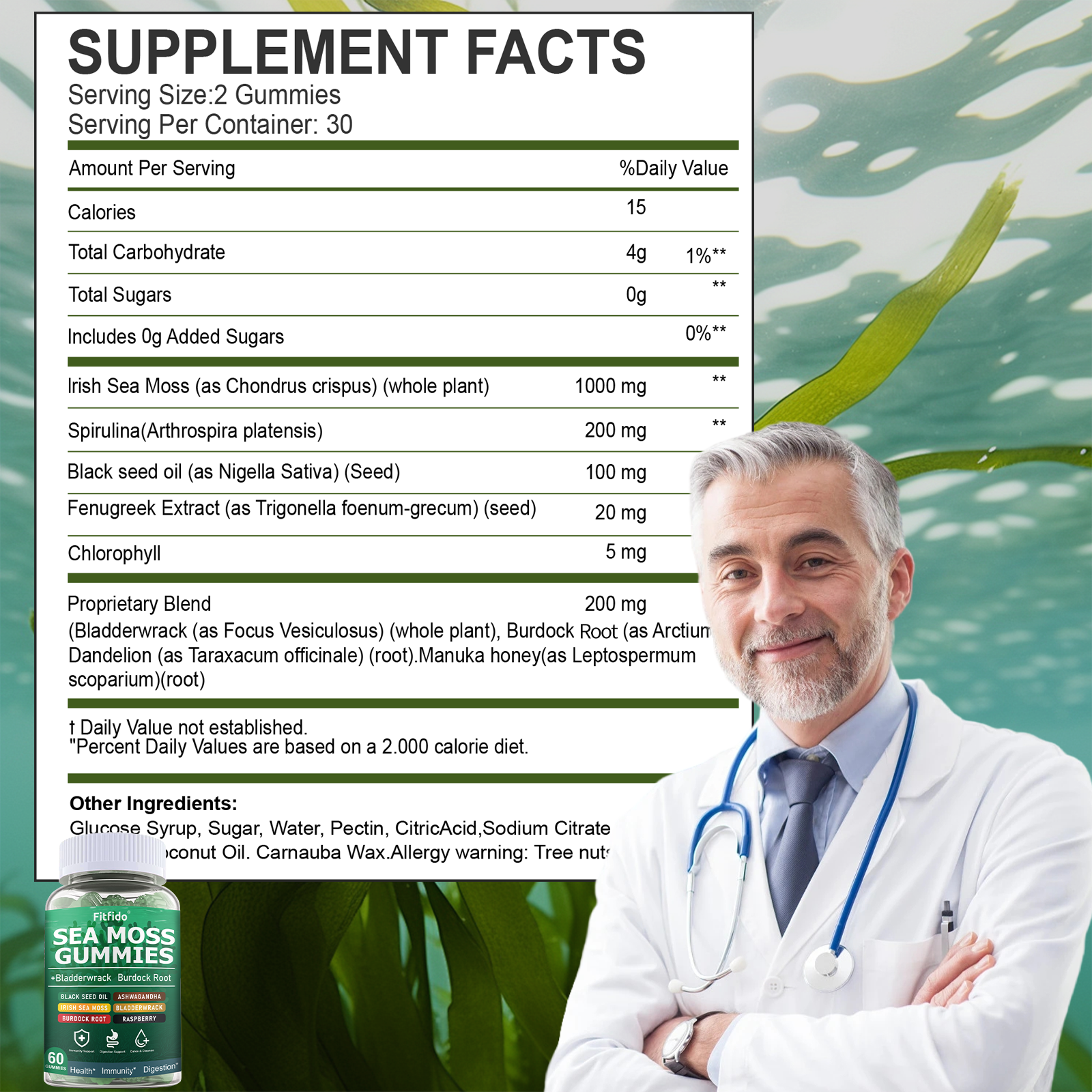 Irish Sea Moss 3000mg Gummies – with Manuka Honey | Immune, Thyroid & Detox Support | Sugar-Free & Vegan | 60 Count