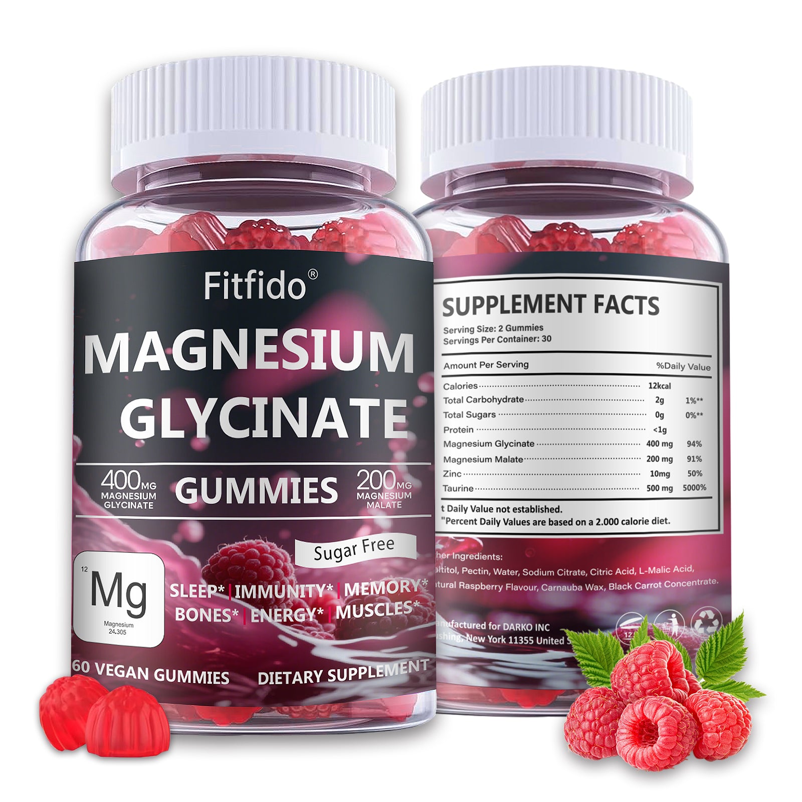 Magnesium Glycinate Gummies – 400mg | Sugar-Free | Vegan | Raspberry (60 Count)
