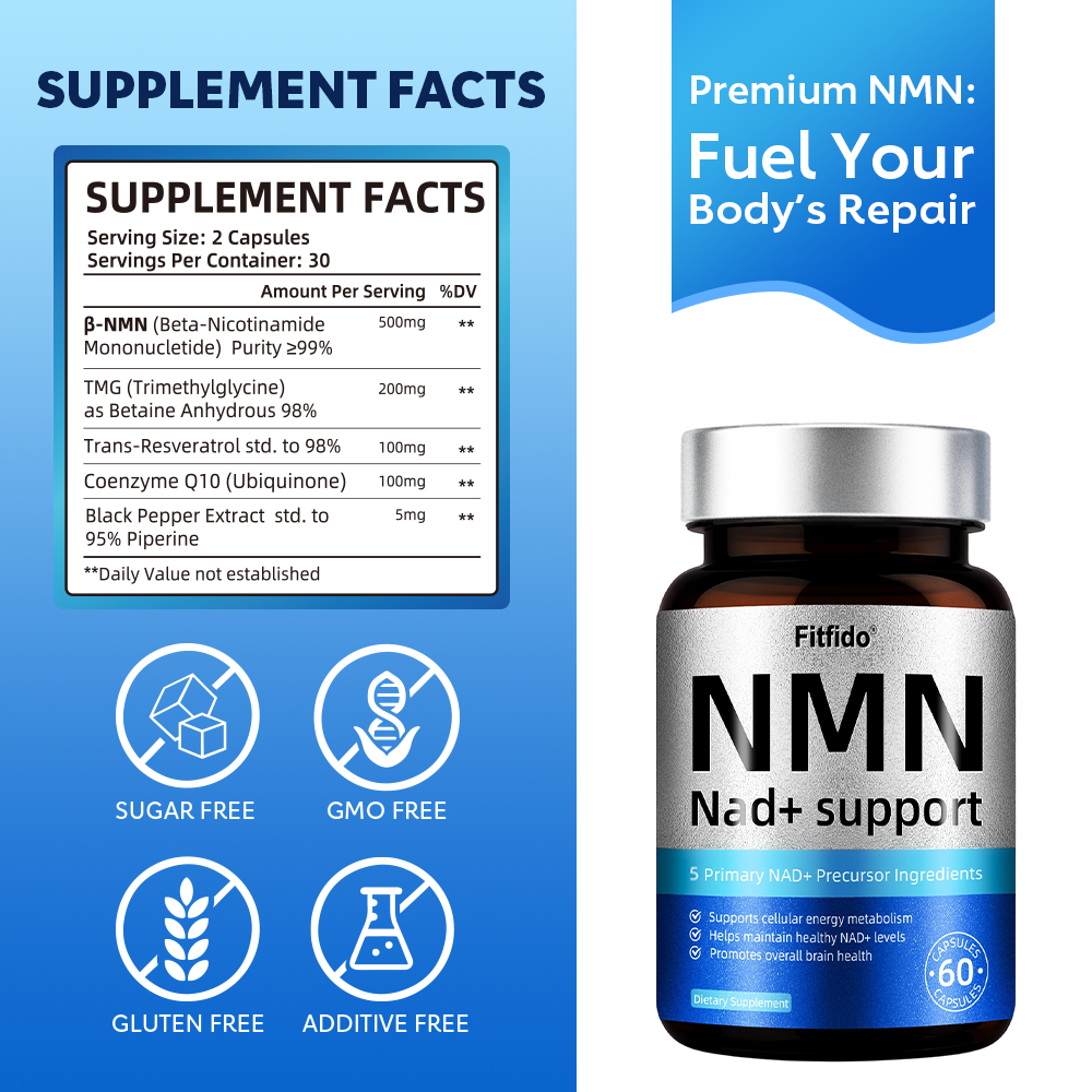 NMN 250mg – 5-in-1 NAD+ Complex | Resveratrol, TMG & CoQ10 | Anti-Aging Support | 60 Capsules