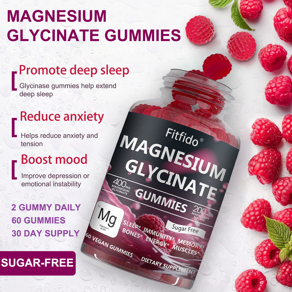 Magnesium Glycinate Gummies – 400mg | Sugar-Free | Vegan | Raspberry (60 Count)