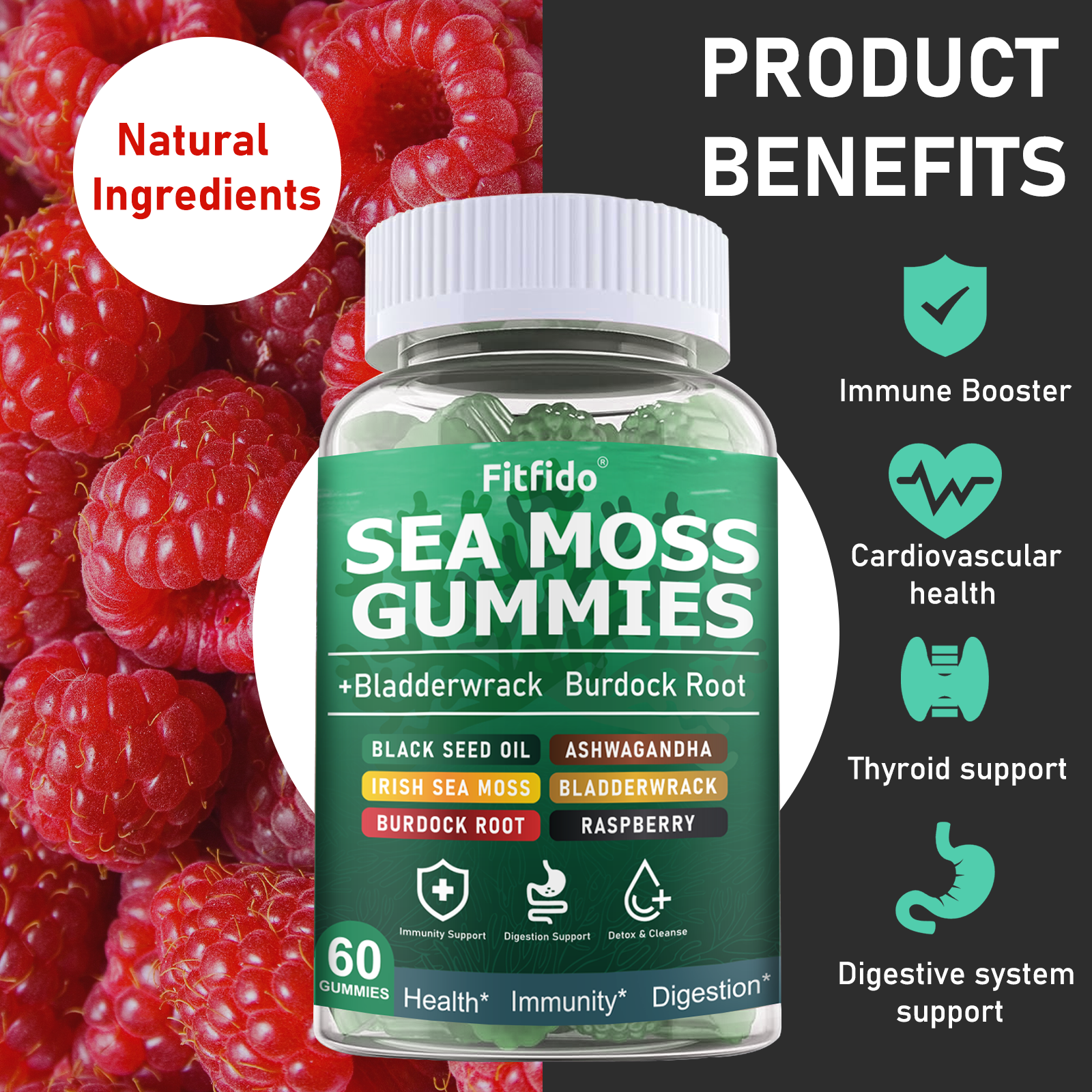 Irish Sea Moss 3000mg Gummies – with Manuka Honey | Immune, Thyroid & Detox Support | Sugar-Free & Vegan | 60 Count