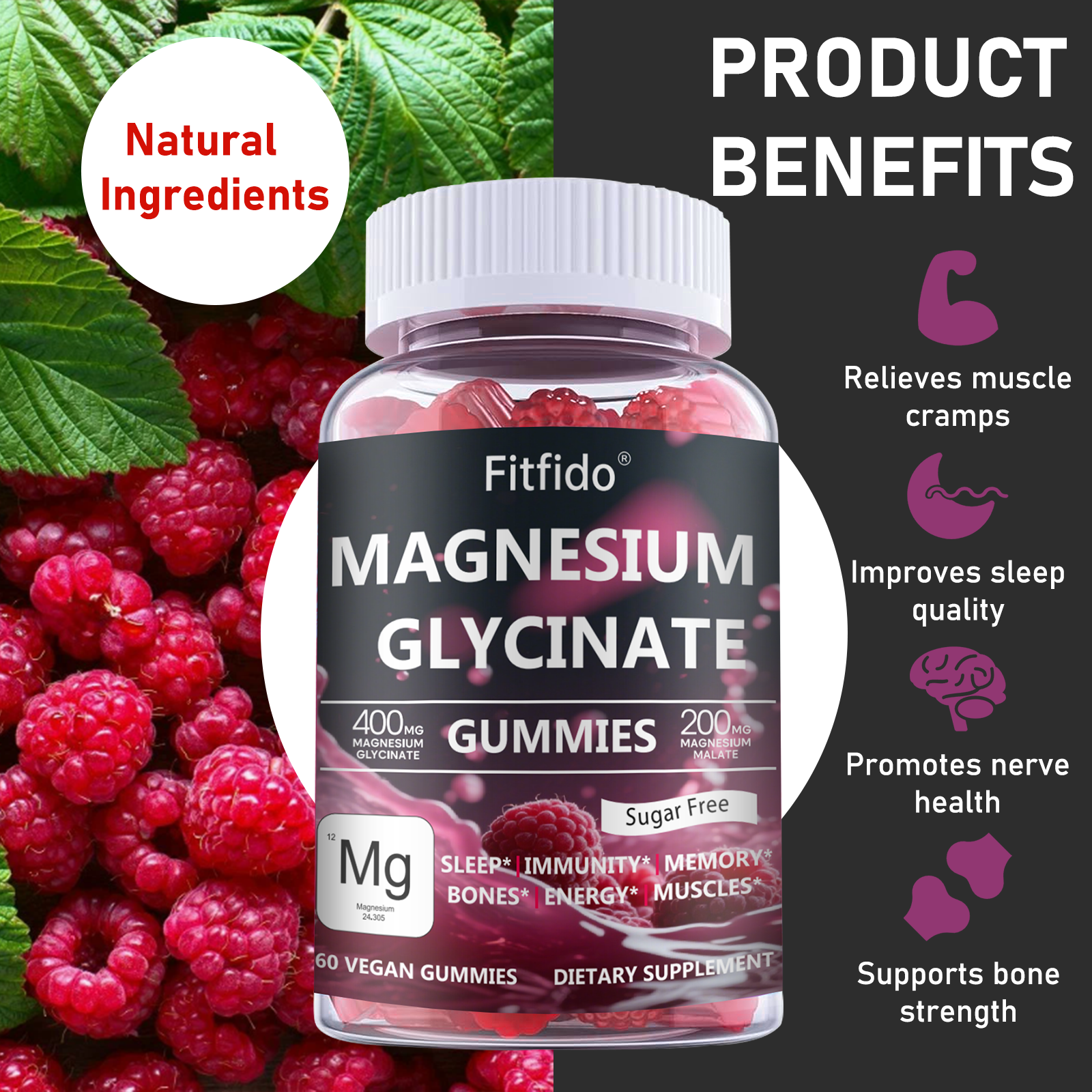 Magnesium Glycinate Gummies – 400mg | Sugar-Free | Vegan | Raspberry (60 Count)