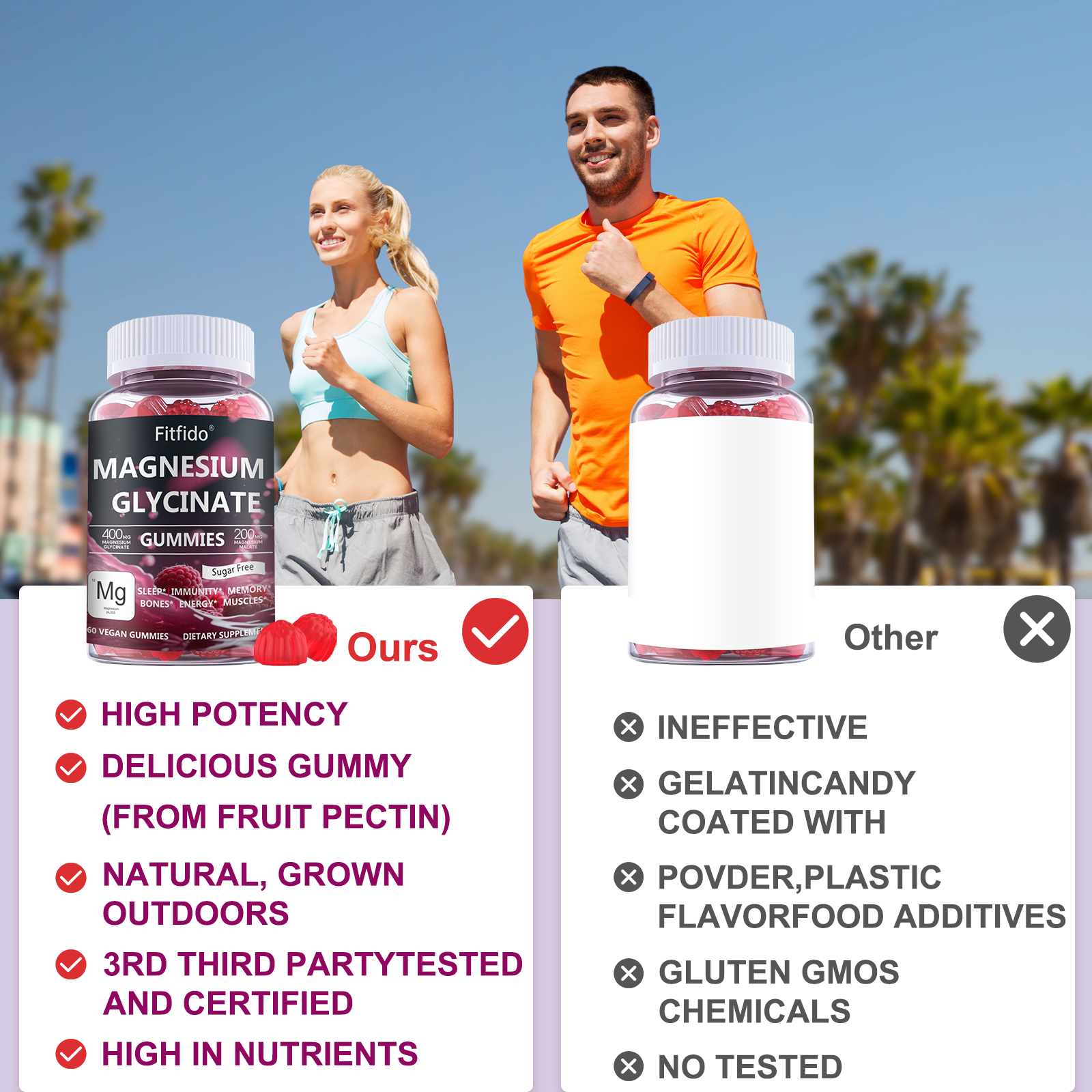 Magnesium Glycinate Gummies – 400mg | Sugar-Free | Vegan | Raspberry (60 Count)
